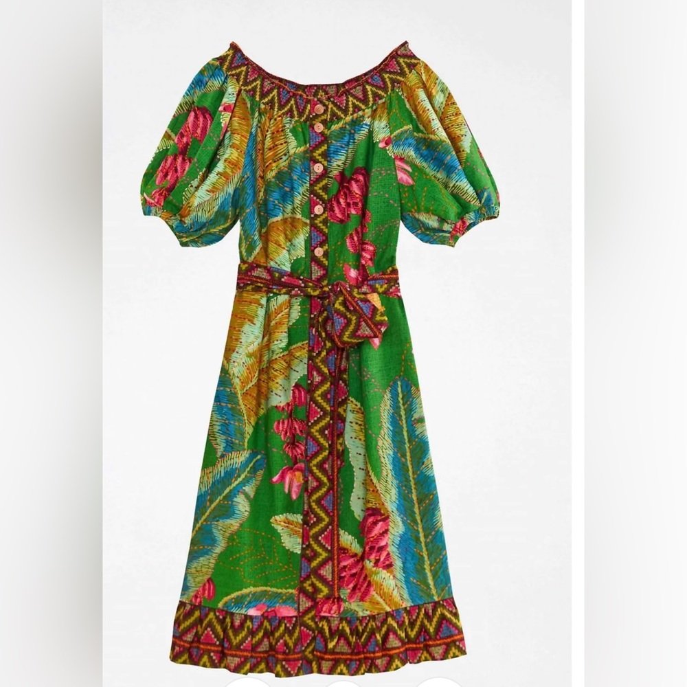 Farm Rio Banana Leaves Off Shoulder Midi Dress Size M
